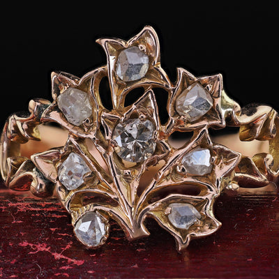 Antique Victorian 12K Rose Gold Old Cut Diamond Floral Cocktail Ring