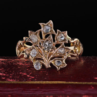 Antique Victorian 12K Rose Gold Old Cut Diamond Floral Cocktail Ring