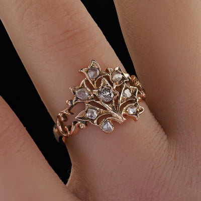 Antique Victorian 12K Rose Gold Old Cut Diamond Floral Cocktail Ring