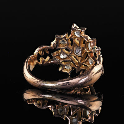 Antique Victorian 12K Rose Gold Old Cut Diamond Floral Cocktail Ring