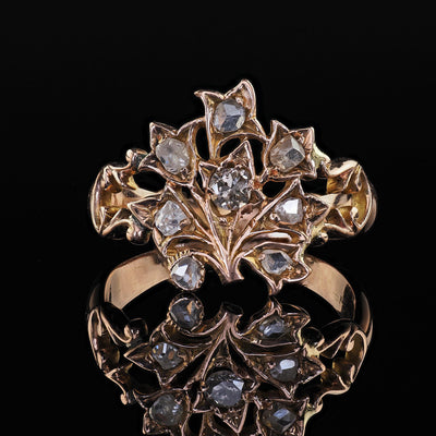 Antique Victorian 12K Rose Gold Old Cut Diamond Floral Cocktail Ring