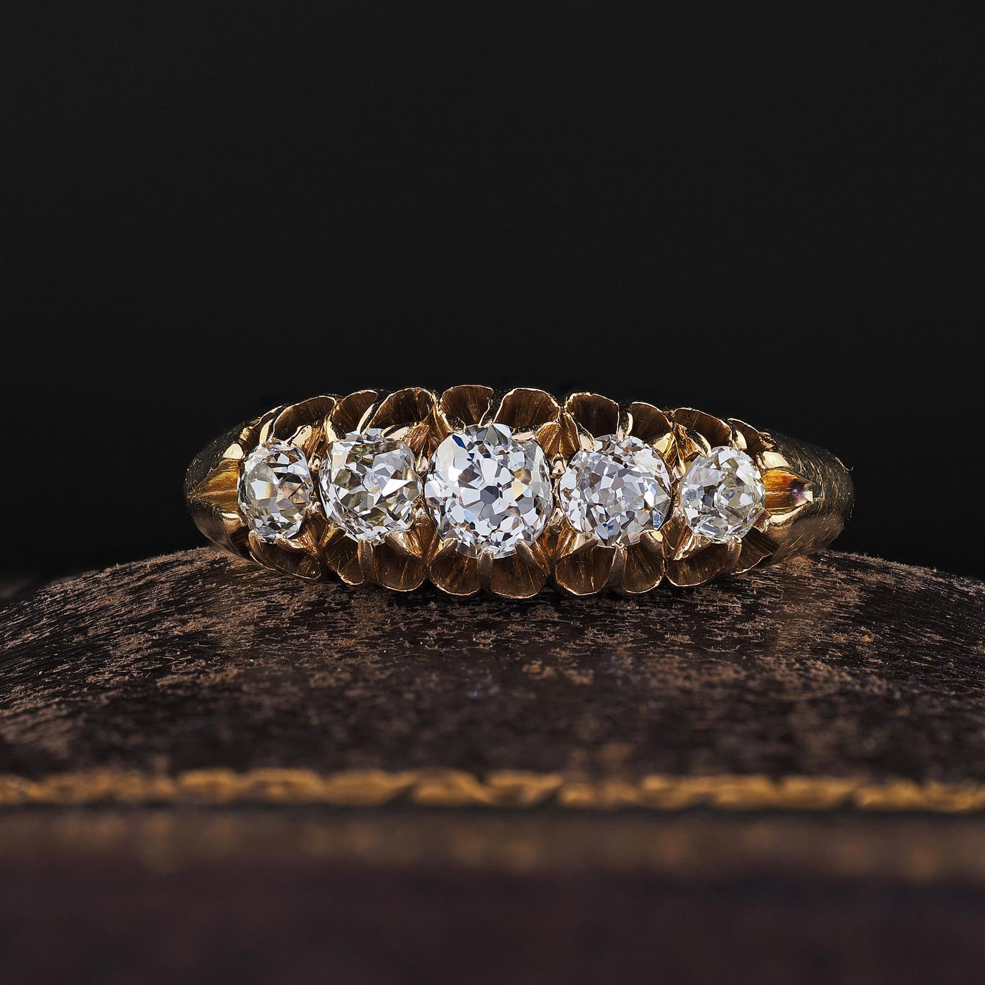 Antique Victorian English 18K Yellow Gold Old Mine Diamond Five Stone Band