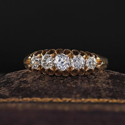 Antique Victorian English 18K Yellow Gold Old Mine Diamond Five Stone Band