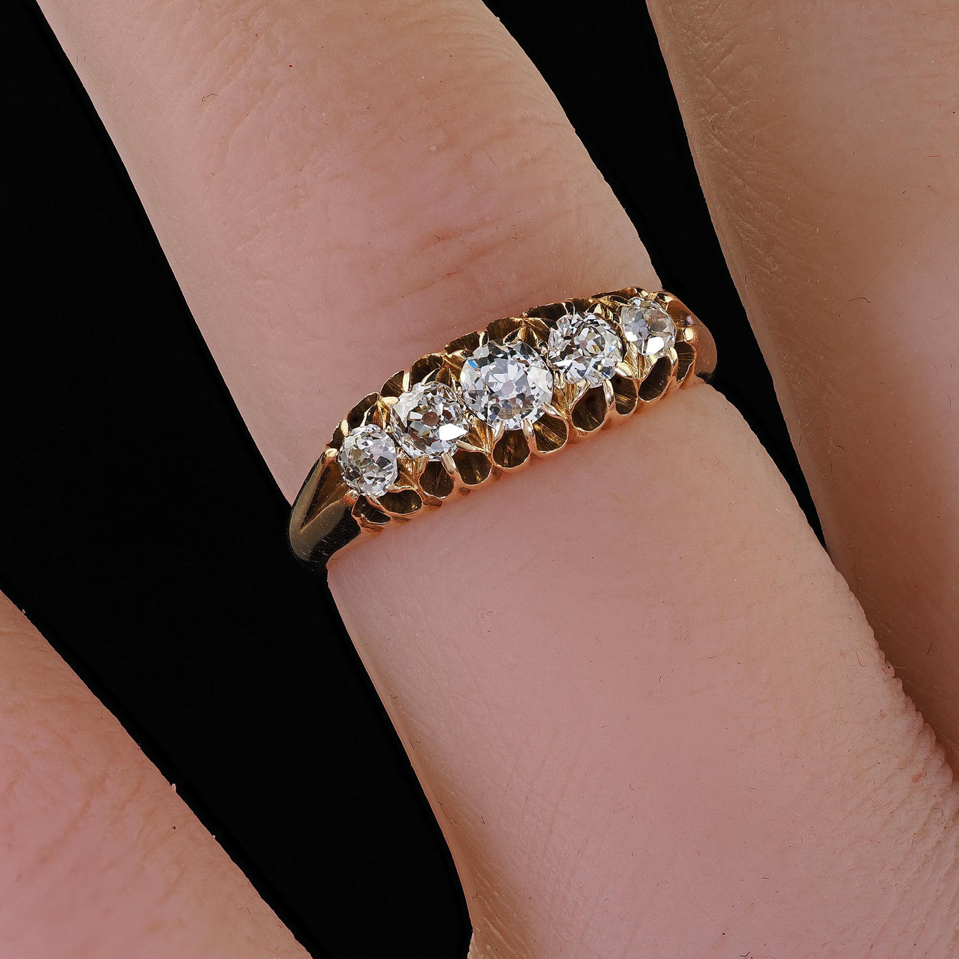 Antique Victorian English 18K Yellow Gold Old Mine Diamond Five Stone Band