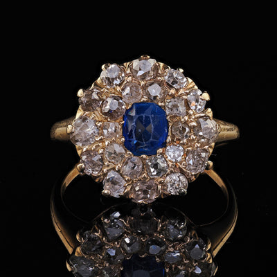 Antique Victorian 14K Yellow Gold Old Cut Diamond and Sapphire Cluster Ring