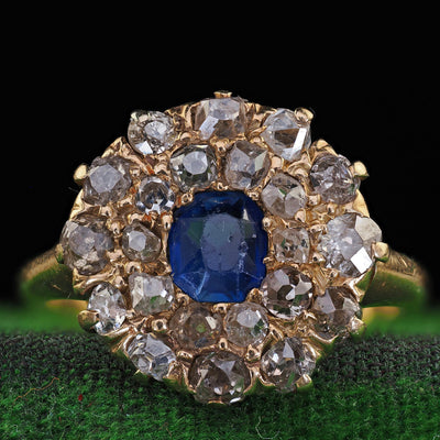 Antique Victorian 14K Yellow Gold Old Cut Diamond and Sapphire Cluster Ring