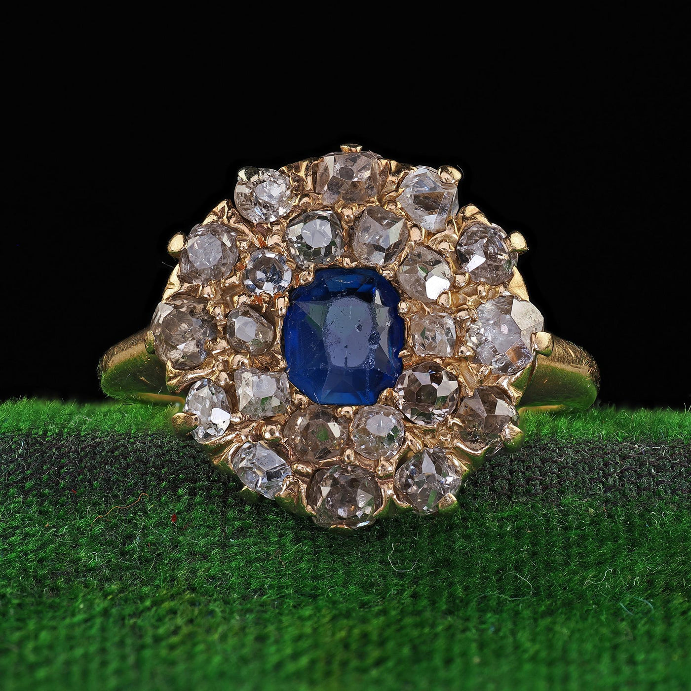 Antique Victorian 14K Yellow Gold Old Cut Diamond and Sapphire Cluster Ring