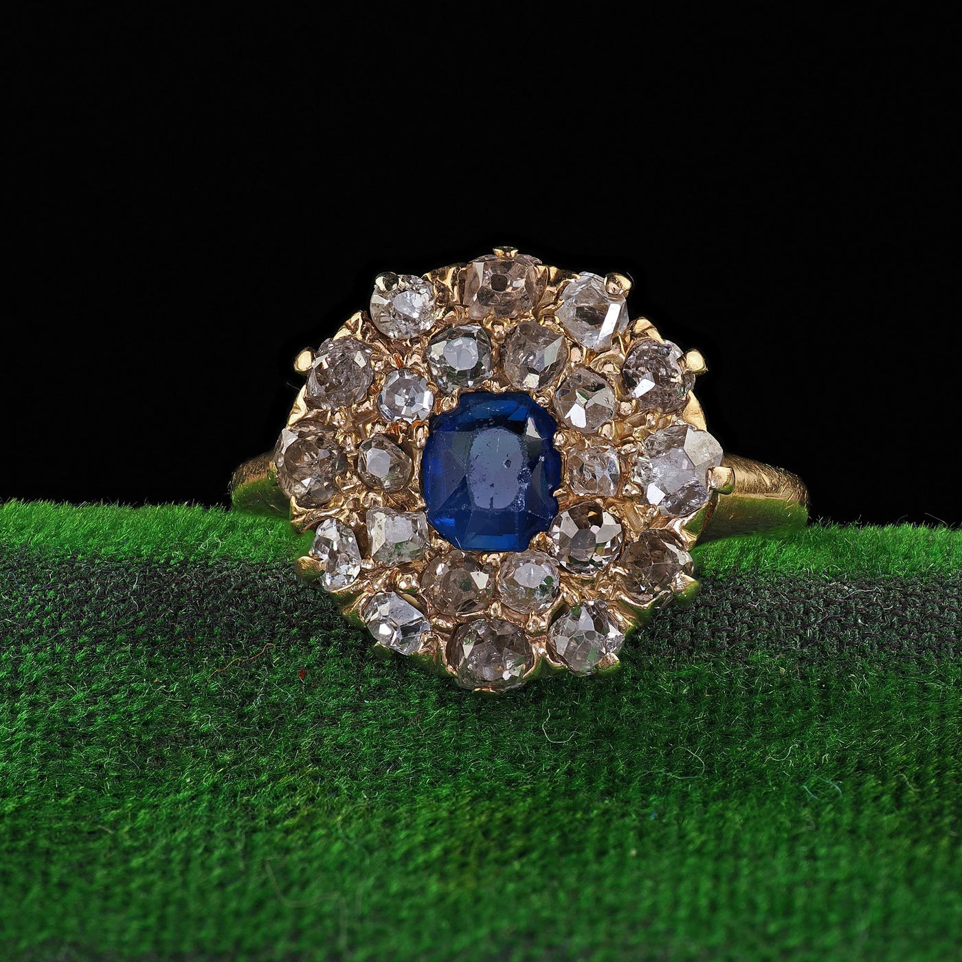 Antique Victorian 14K Yellow Gold Old Cut Diamond and Sapphire Cluster Ring