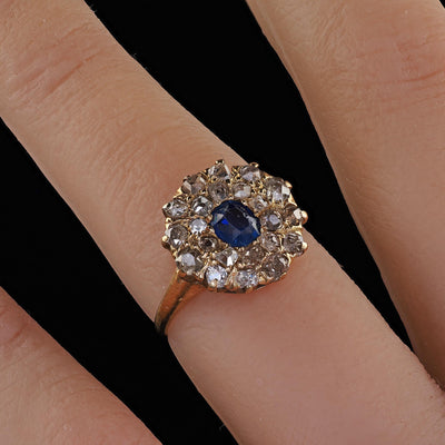 Antique Victorian 14K Yellow Gold Old Cut Diamond and Sapphire Cluster Ring