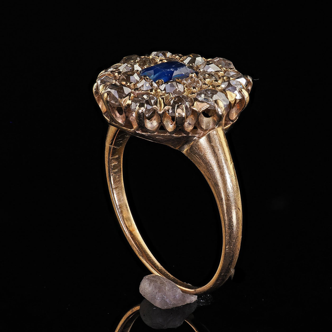 Antique Victorian 14K Yellow Gold Old Cut Diamond and Sapphire Cluster Ring