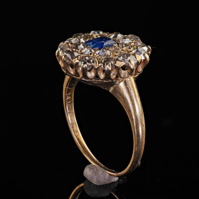 Antique Victorian 14K Yellow Gold Old Cut Diamond and Sapphire Cluster Ring