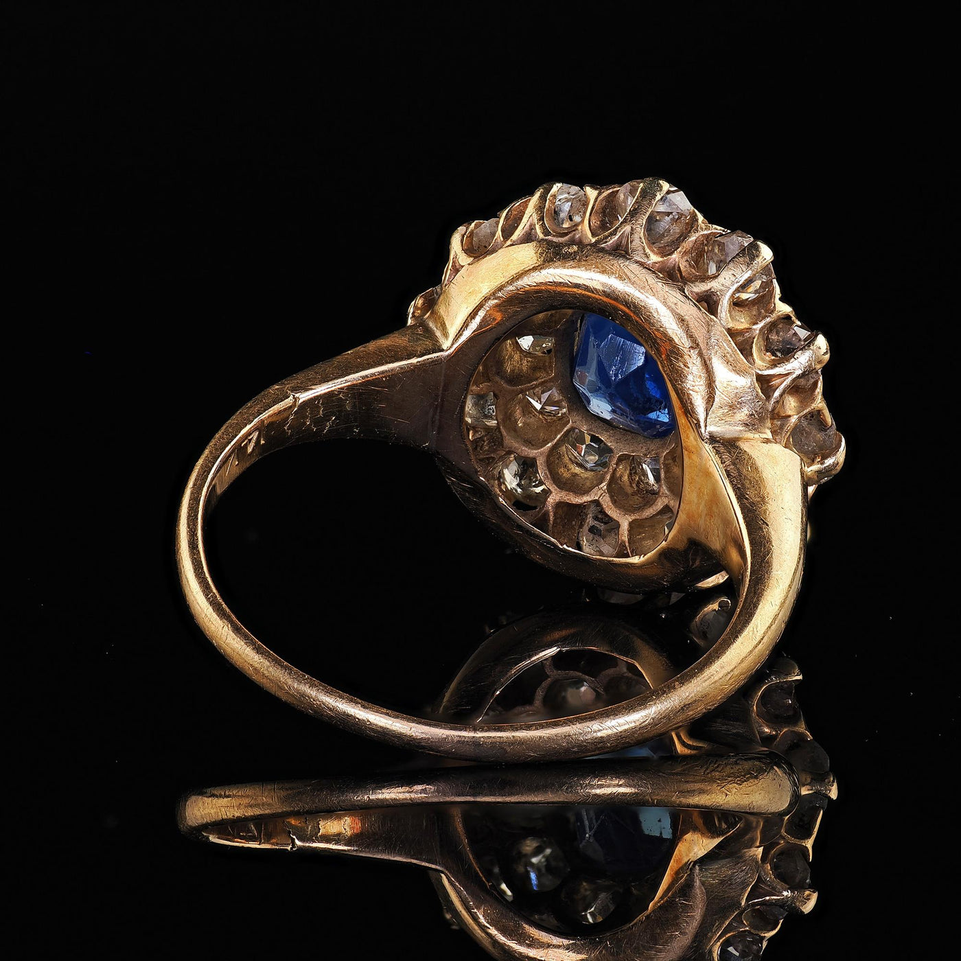 Antique Victorian 14K Yellow Gold Old Cut Diamond and Sapphire Cluster Ring