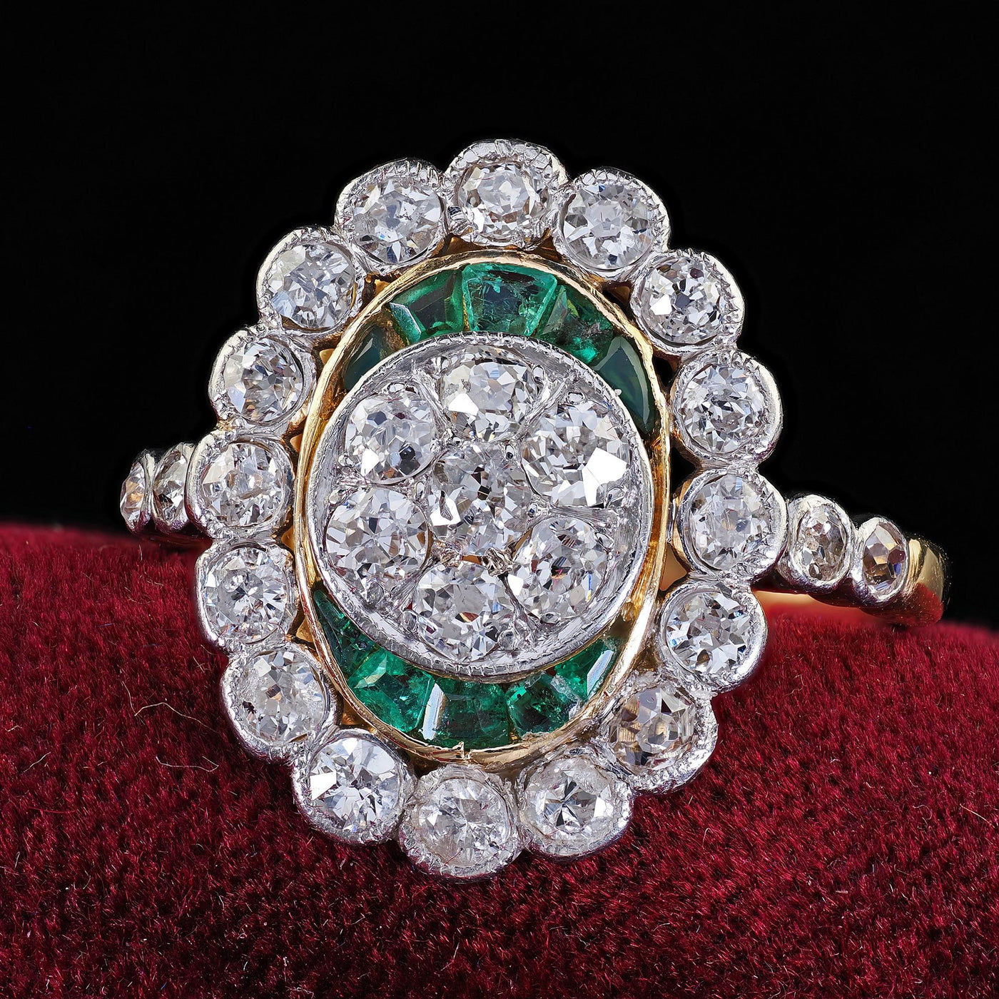 Antique Edwardian French 18K Yellow Gold Platinum Diamond and Emerald Ring