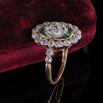 Antique Edwardian French 18K Yellow Gold Platinum Diamond and Emerald Ring