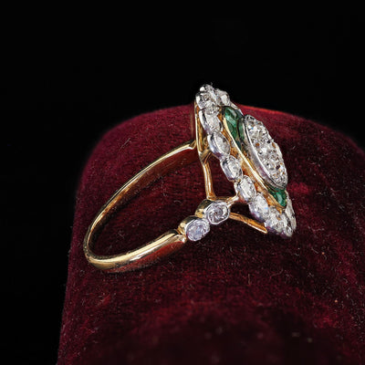 Antique Edwardian French 18K Yellow Gold Platinum Diamond and Emerald Ring