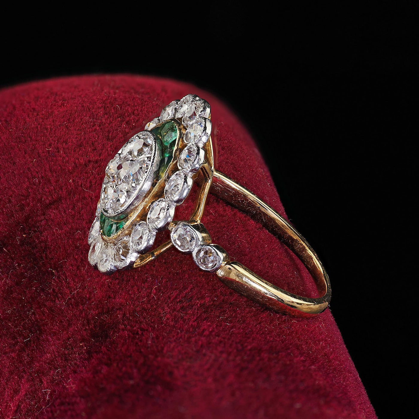 Antique Edwardian French 18K Yellow Gold Platinum Diamond and Emerald Ring