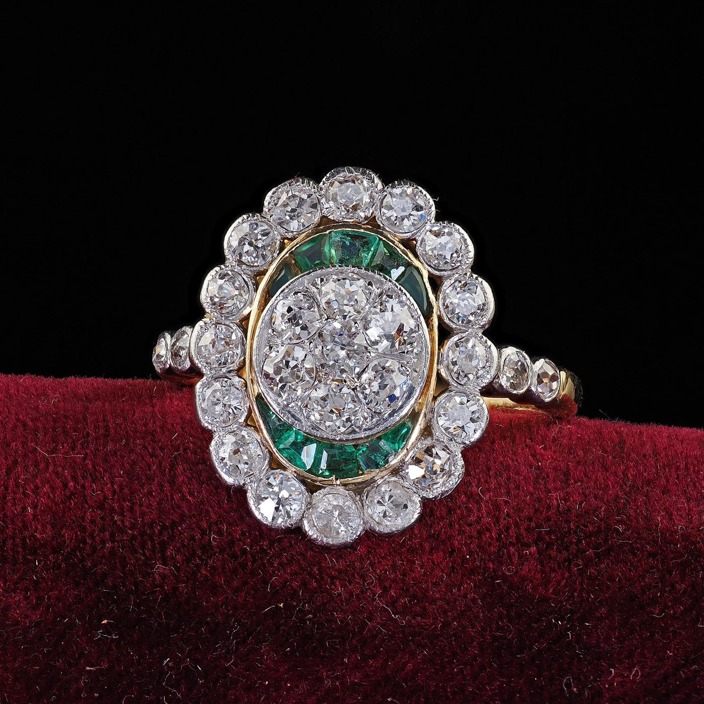 Antique Edwardian French 18K Yellow Gold Platinum Diamond and Emerald Ring