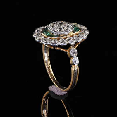 Antique Edwardian French 18K Yellow Gold Platinum Diamond and Emerald Ring