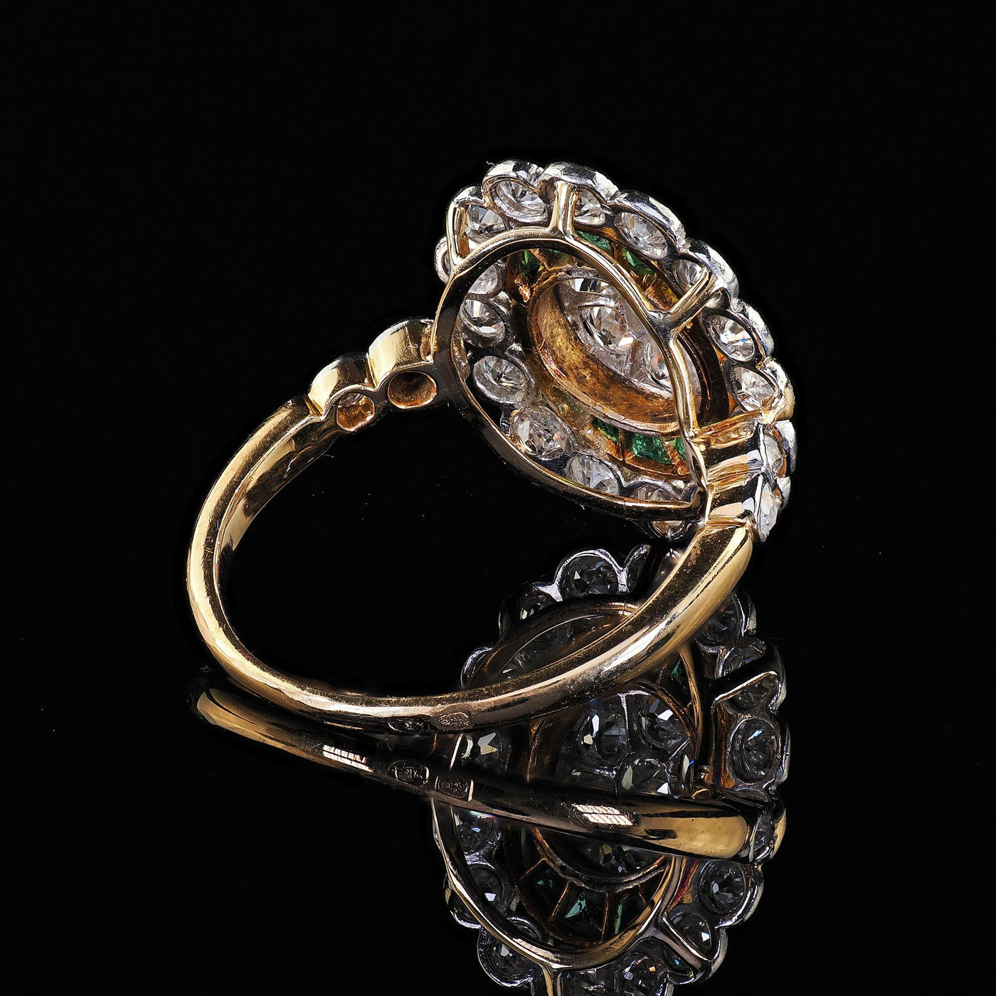 Antique Edwardian French 18K Yellow Gold Platinum Diamond and Emerald Ring