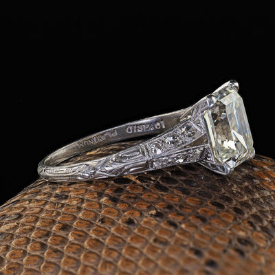 Antique Art Deco Platinum Old Emerald Cut Diamond Engagement Ring - GIA