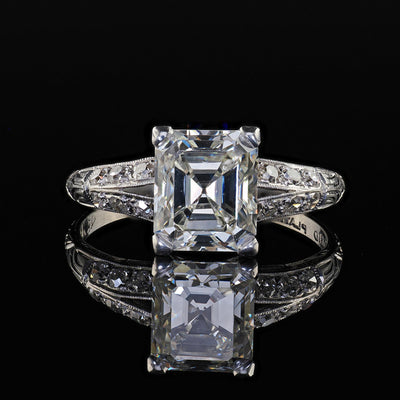 Antique Art Deco Platinum Old Emerald Cut Diamond Engagement Ring - GIA