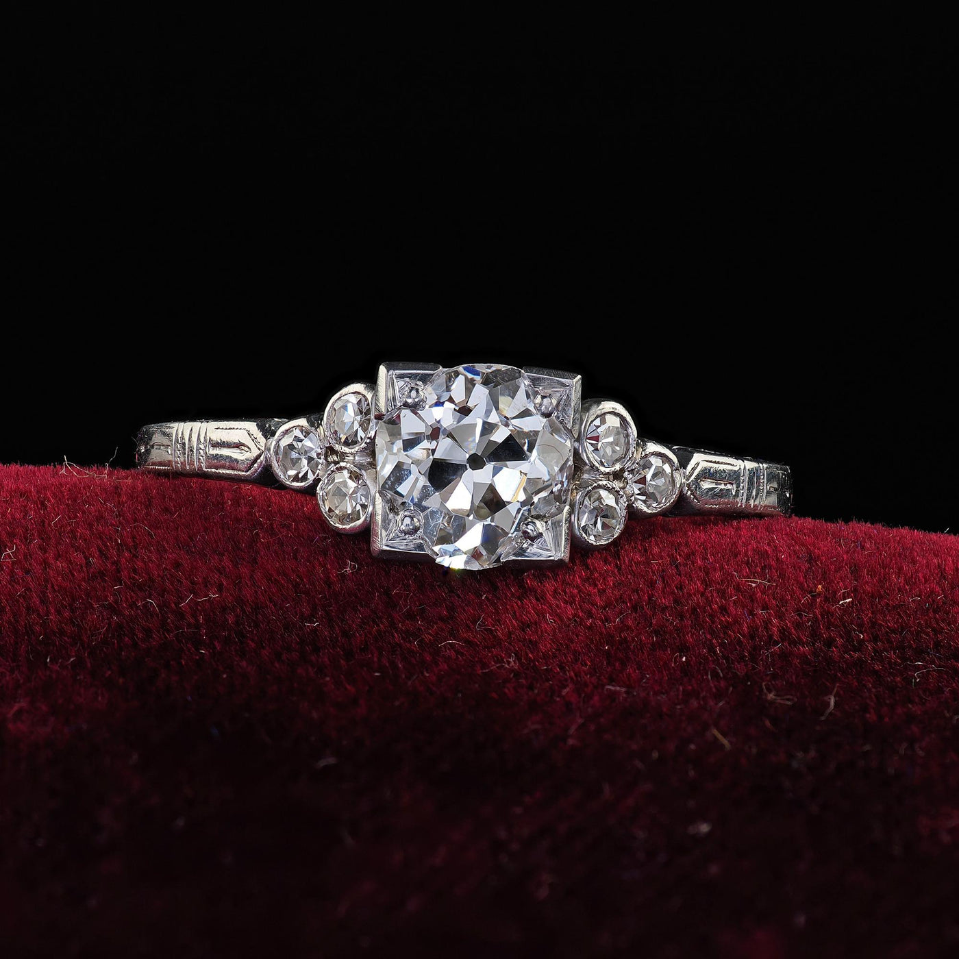 Antique Art Deco Platinum Old Cushion Diamond Engagement Ring - GIA