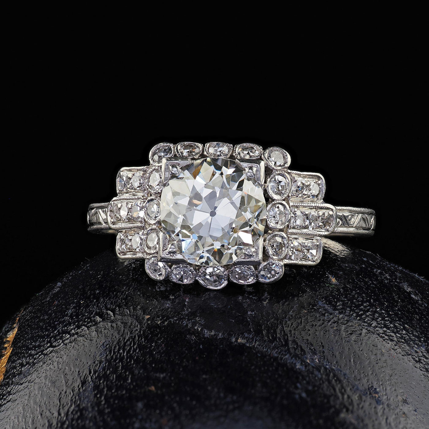 Antique Art Deco Platinum Old Mine Diamond Engagement Ring - GIA