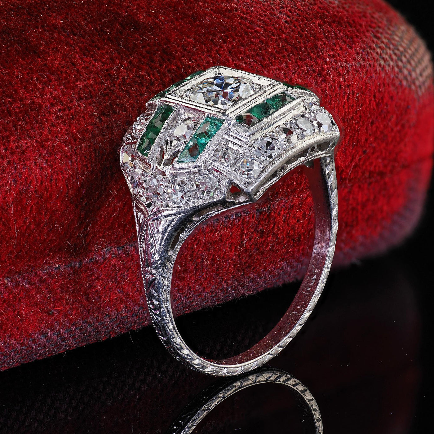 Antique Art Deco Platinum Old Euro Diamond and Emerald Engagement Ring