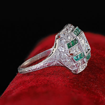 Antique Art Deco Platinum Old Euro Diamond and Emerald Engagement Ring