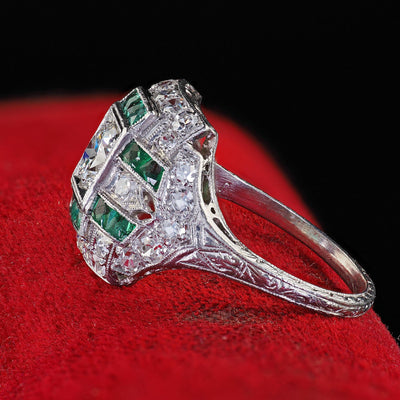 Antique Art Deco Platinum Old Euro Diamond and Emerald Engagement Ring