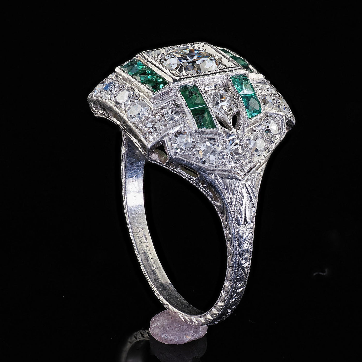 Antique Art Deco Platinum Old Euro Diamond and Emerald Engagement Ring