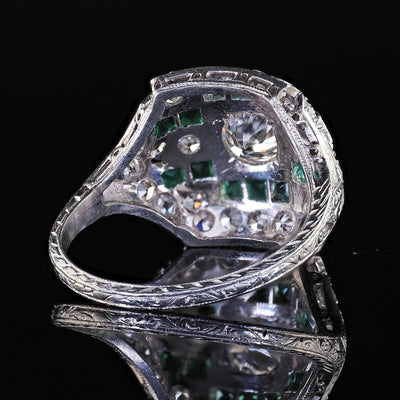 Antique Art Deco Platinum Old Euro Diamond and Emerald Engagement Ring