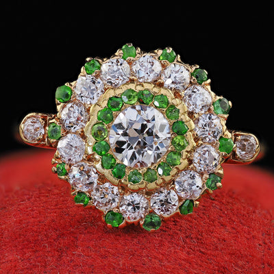 Antique Edwardian 18K Gold Old Euro Diamond and Demantoid Engagement Ring