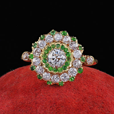 Antique Edwardian 18K Gold Old Euro Diamond and Demantoid Engagement Ring