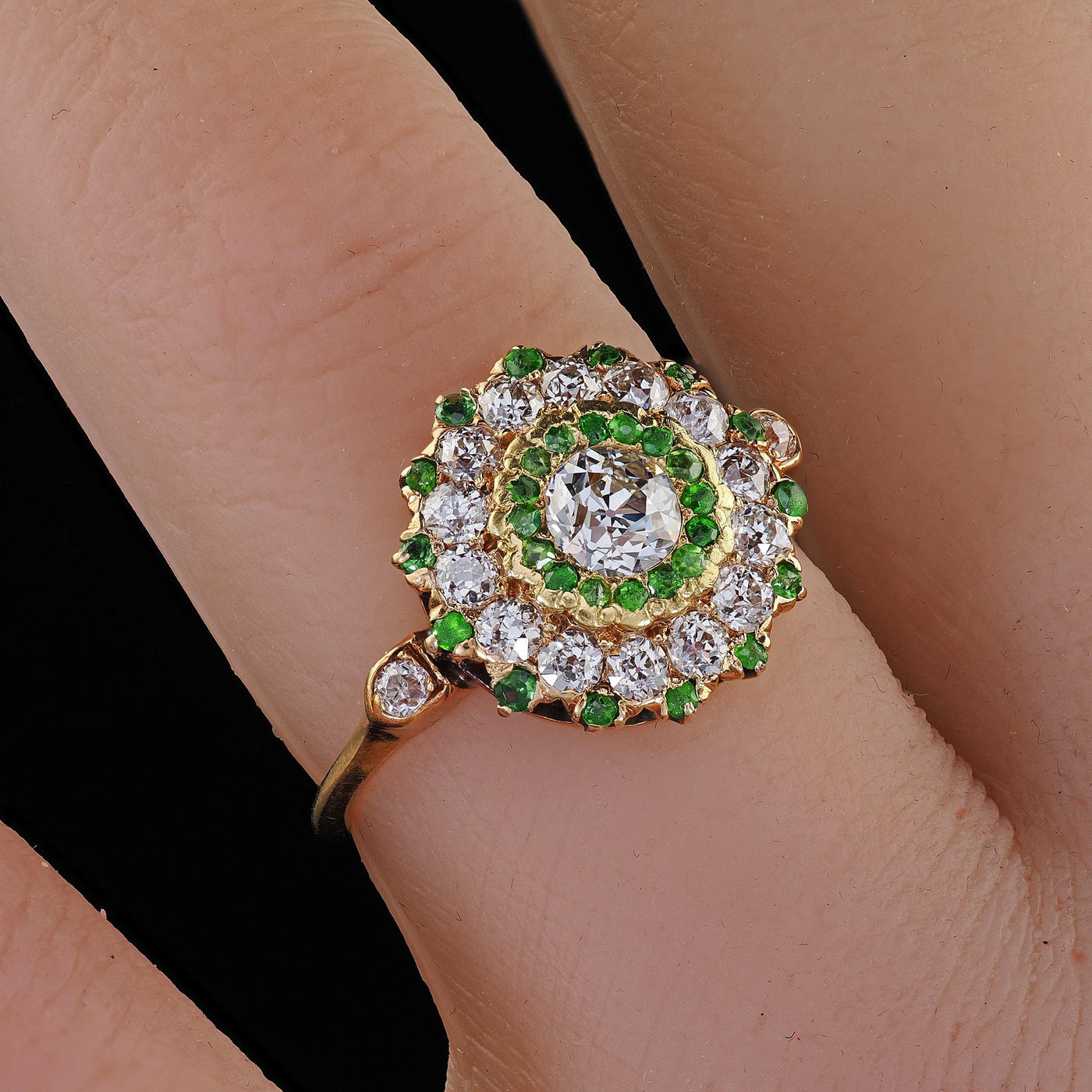 Antique Edwardian 18K Gold Old Euro Diamond and Demantoid Engagement Ring