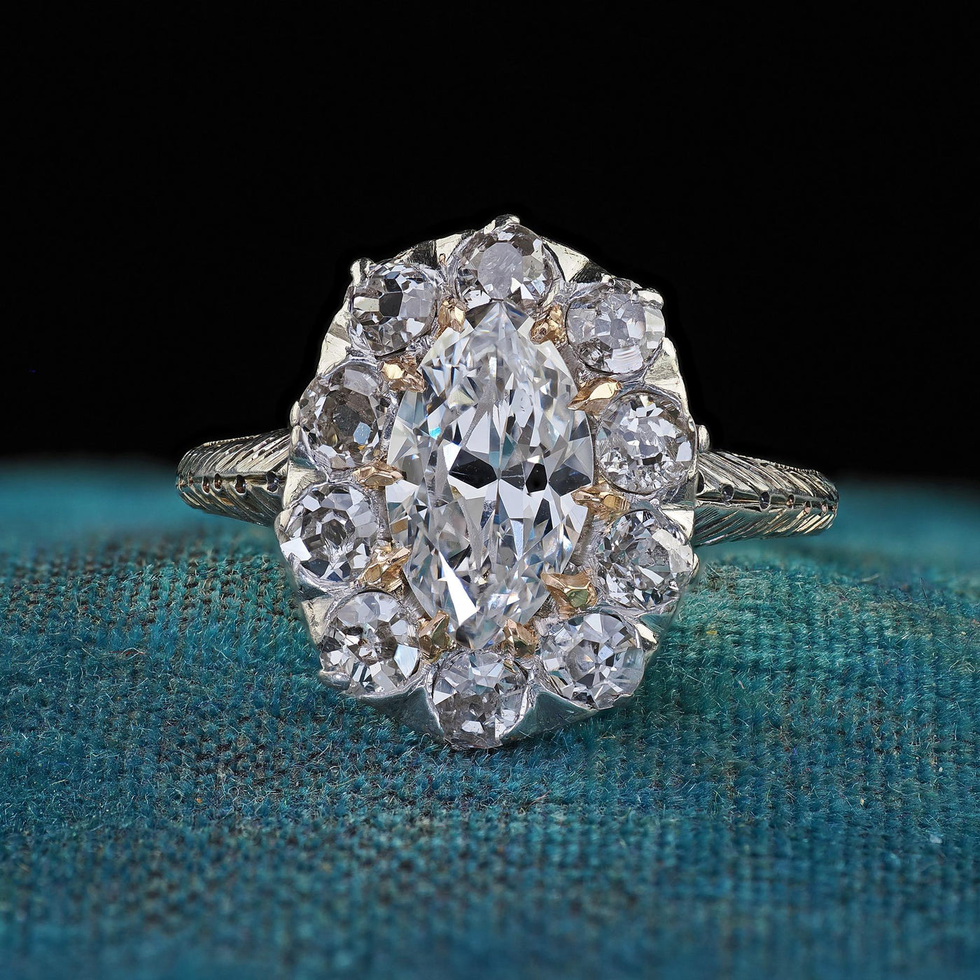 Antique Art Deco Platinum 18K Gold Old Marquise Diamond Engagement Ring - GIA