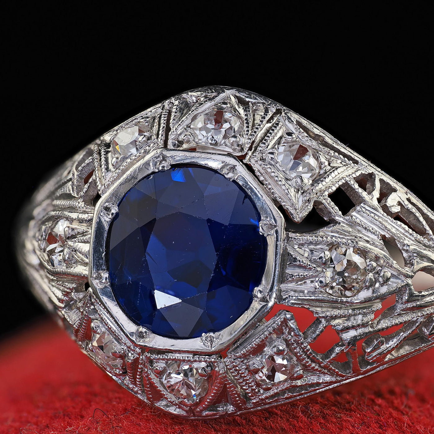 Antique Art Deco Platinum Old Cut Sapphire No Heat Diamond Engagement Ring - GIA