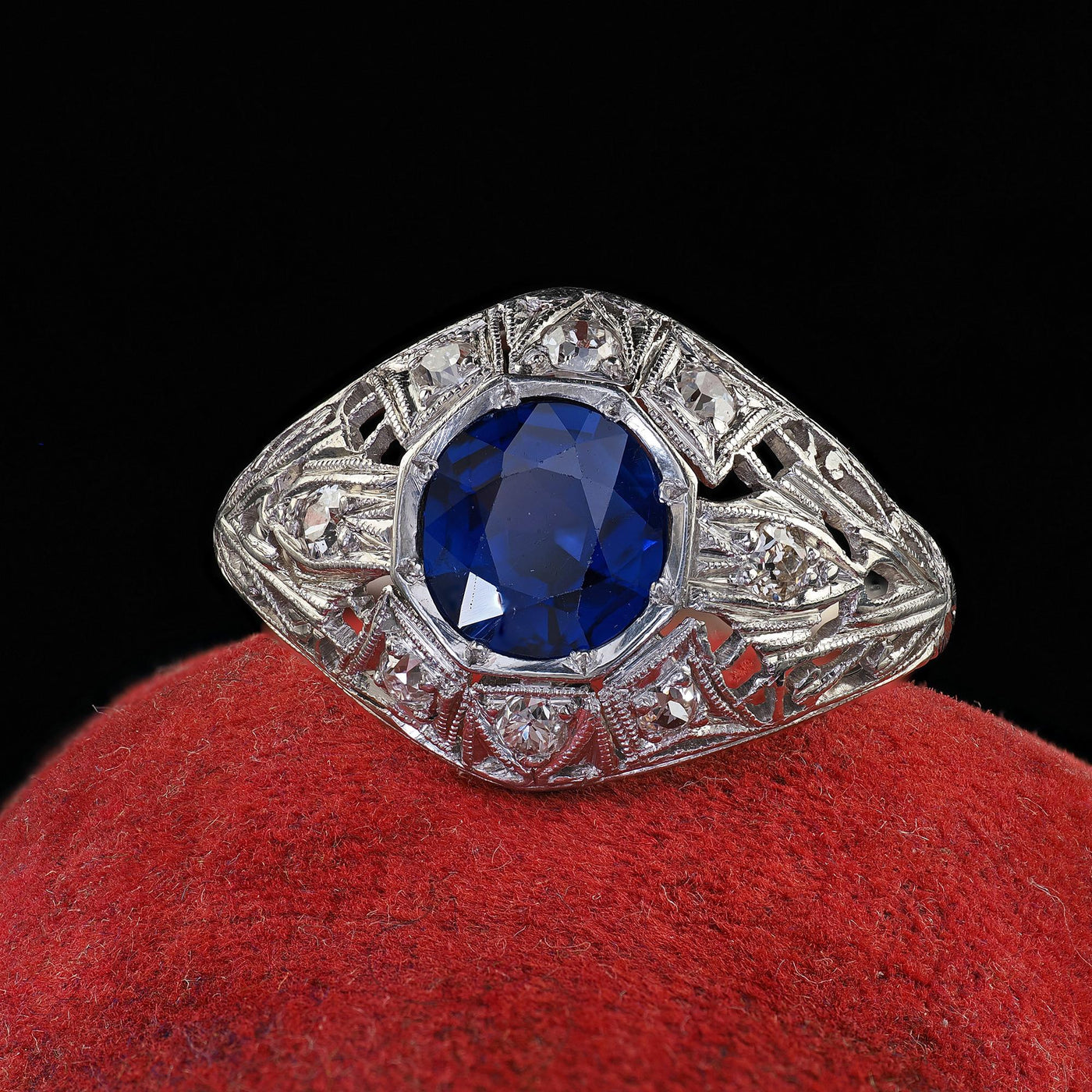 Antique Art Deco Platinum Old Cut Sapphire No Heat Diamond Engagement Ring - GIA