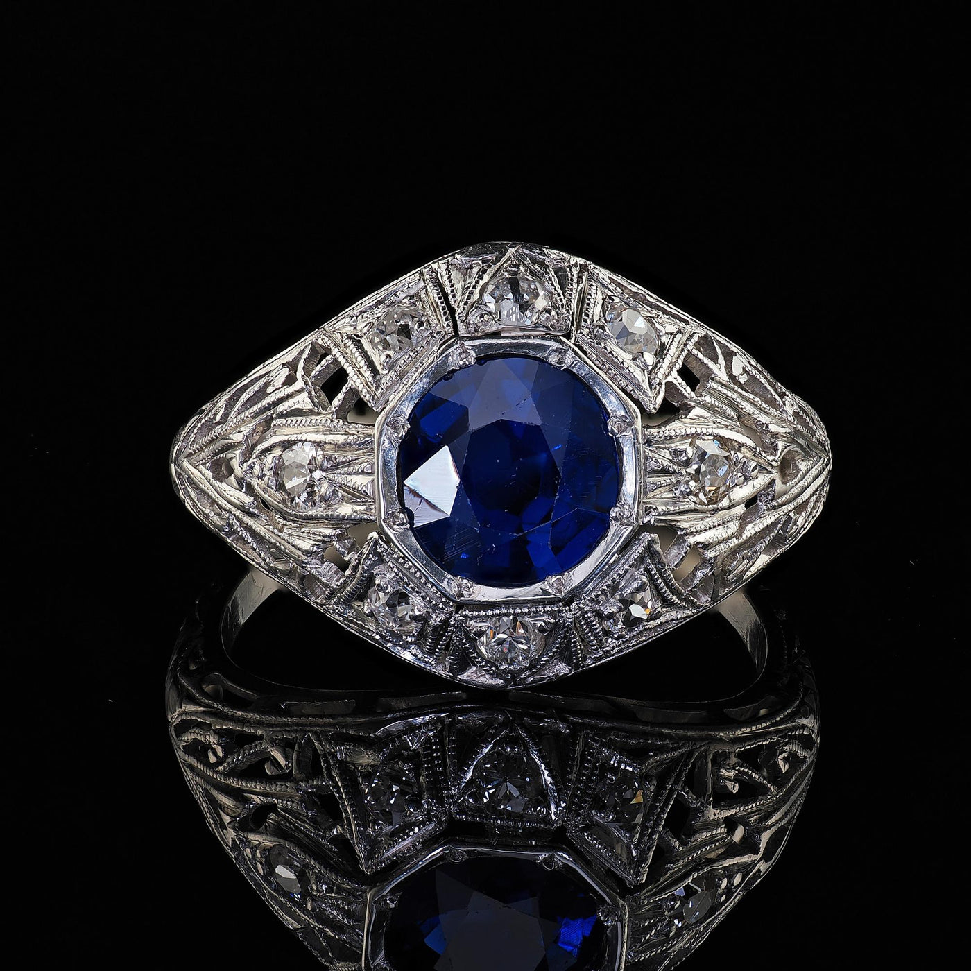 Antique Art Deco Platinum Old Cut Sapphire No Heat Diamond Engagement Ring - GIA