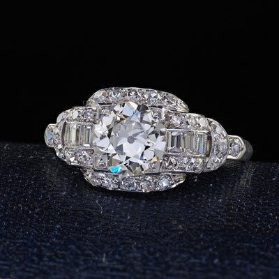 Antique Art Deco Platinum Old European Diamond Engagement Ring - GIA