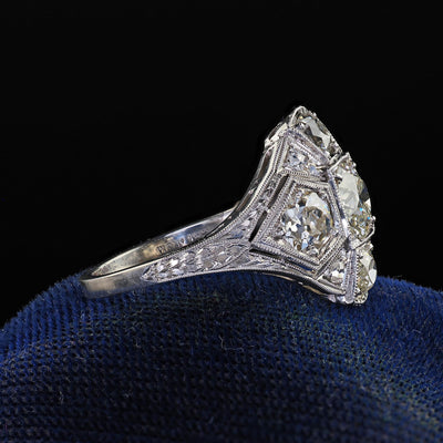 Antique Art Deco Platinum Old European Cut Diamond Engraved Cocktail Ring