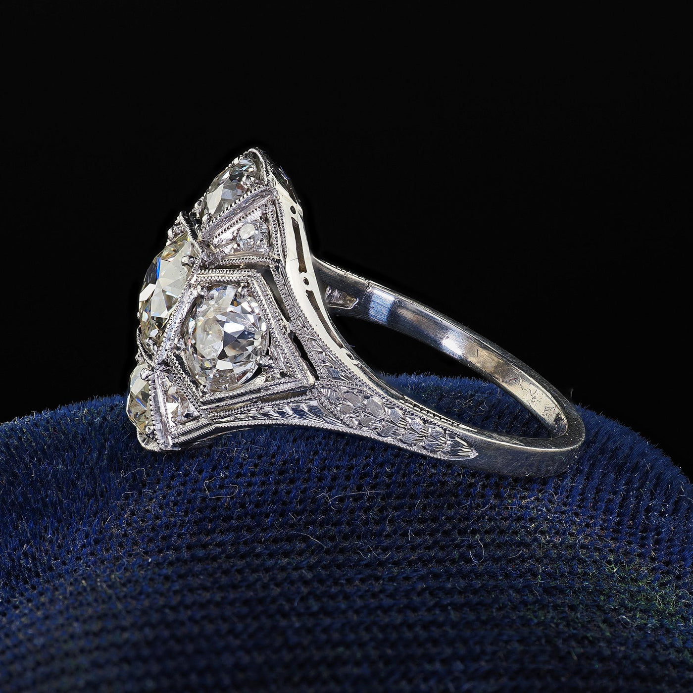 Antique Art Deco Platinum Old European Cut Diamond Engraved Cocktail Ring