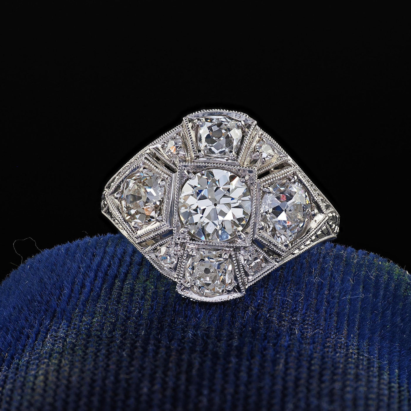 Antique Art Deco Platinum Old European Cut Diamond Engraved Cocktail Ring