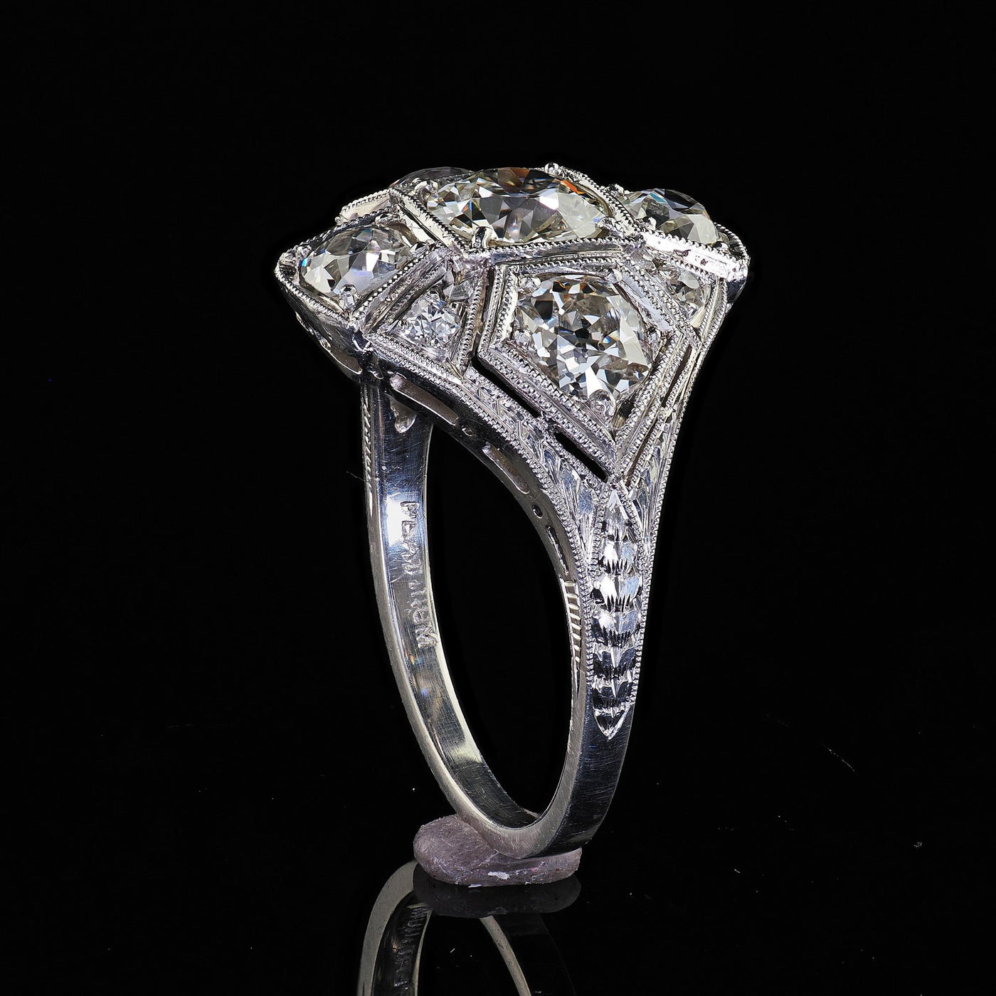 Antique Art Deco Platinum Old European Cut Diamond Engraved Cocktail Ring