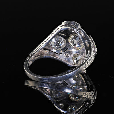 Antique Art Deco Platinum Old European Cut Diamond Engraved Cocktail Ring