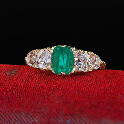 Antique Victorian 18K Yellow Gold Emerald Old Mine Diamond Five Stone Ring - GIA