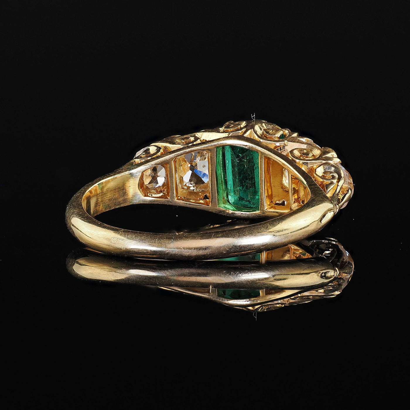 Antique Victorian 18K Yellow Gold Emerald Old Mine Diamond Five Stone Ring - GIA