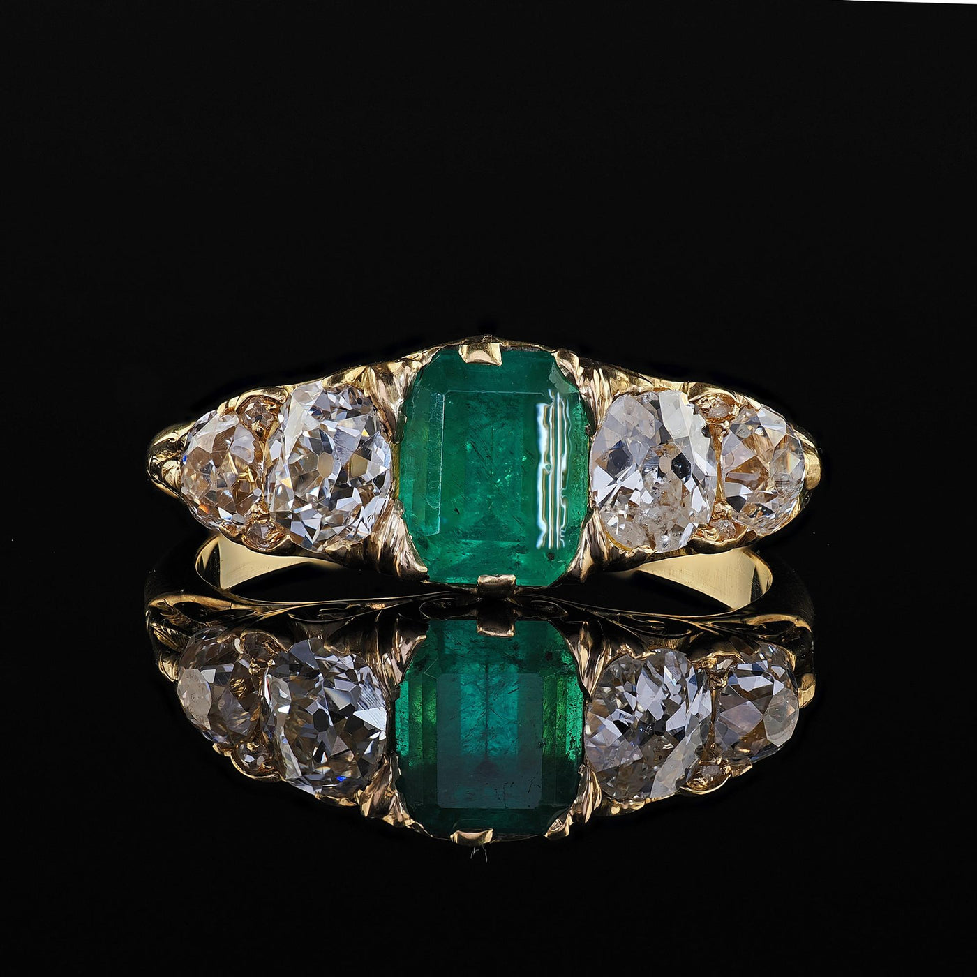 Antique Victorian 18K Yellow Gold Emerald Old Mine Diamond Five Stone Ring - GIA