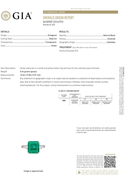Estate 18K White Gold Colombian Emerald and Pear Diamond Engagement Ring - GIA