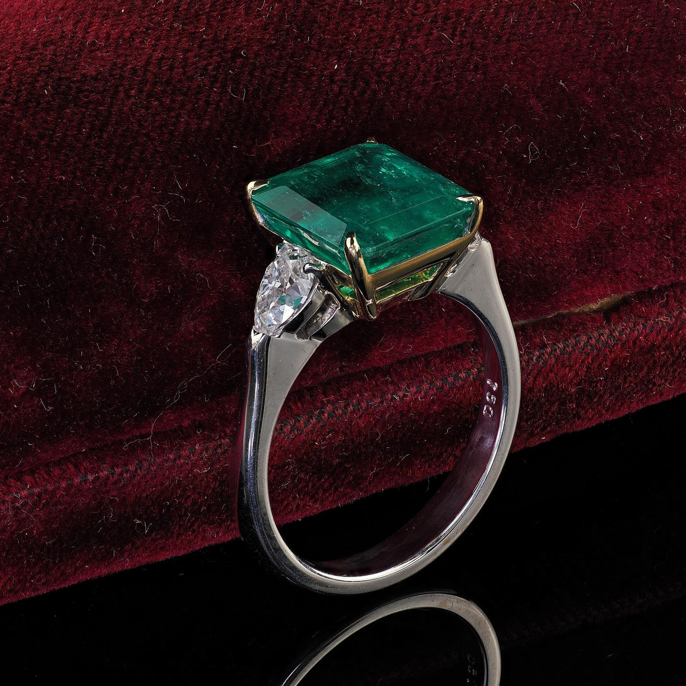 Estate 18K White Gold Colombian Emerald and Pear Diamond Engagement Ring - GIA